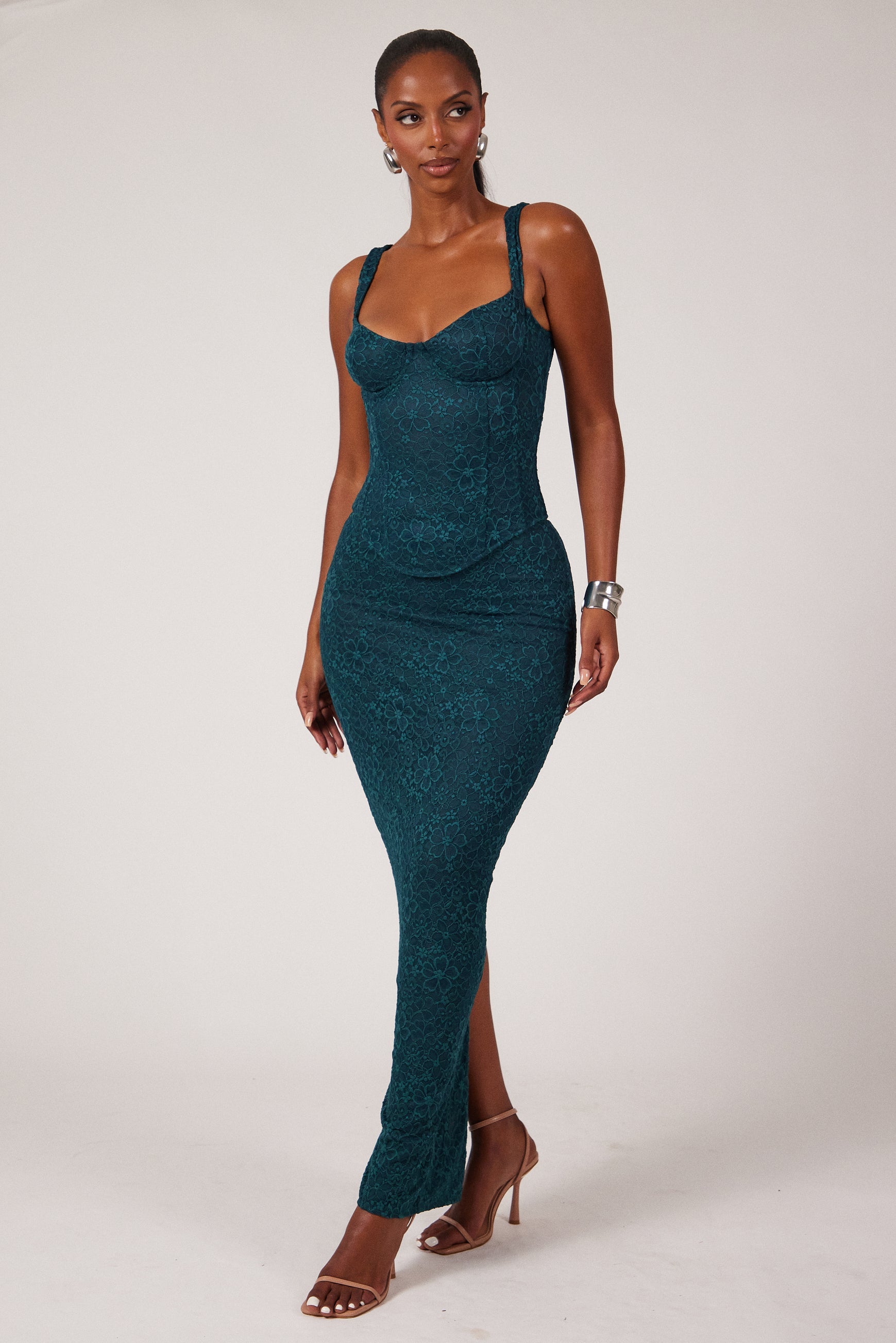 The Cinched Lace Maxi Skirt in Teal