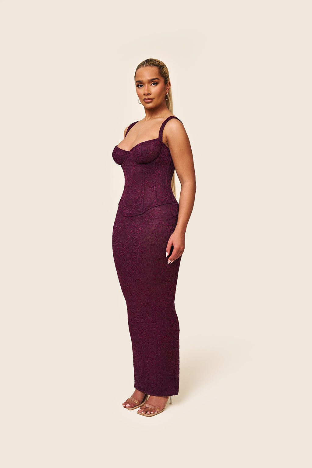 The Cinched Lace Maxi Skirt in Plum