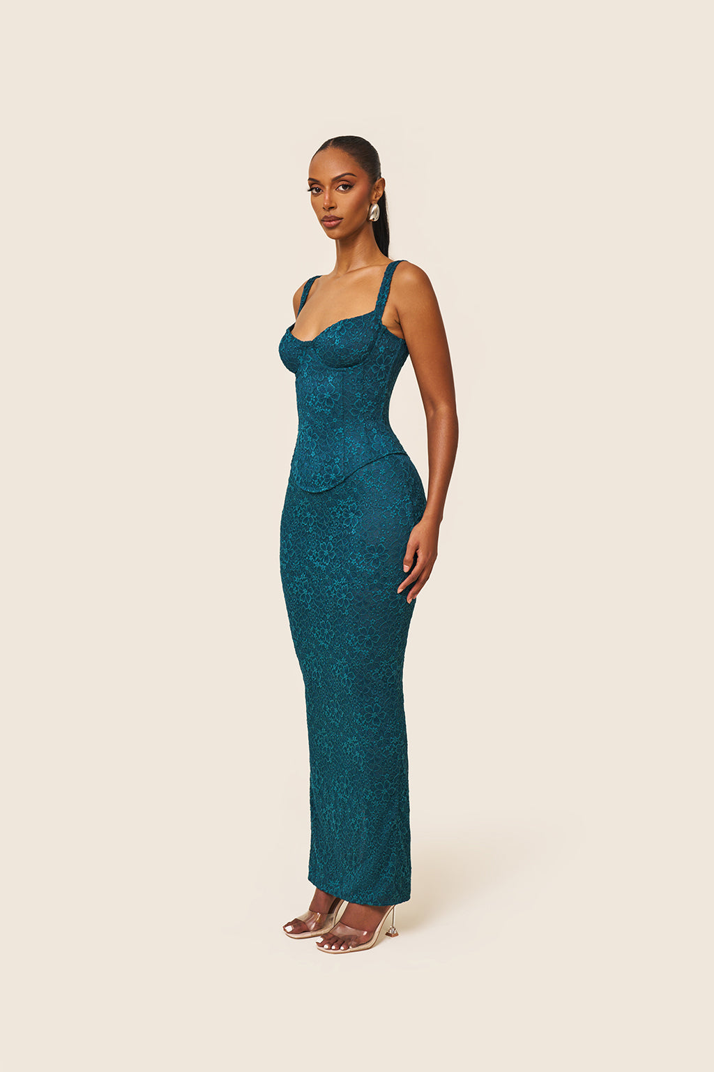 The Cinched Lace Maxi Skirt in Teal