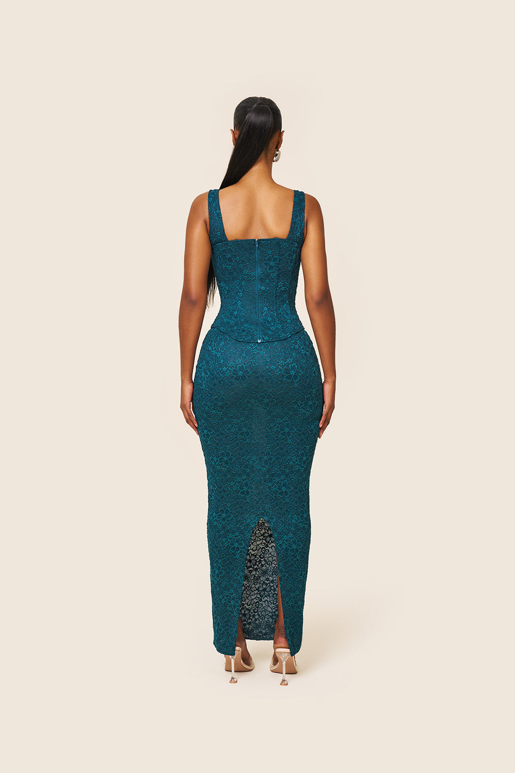 The Cinched Lace Maxi Skirt in Teal