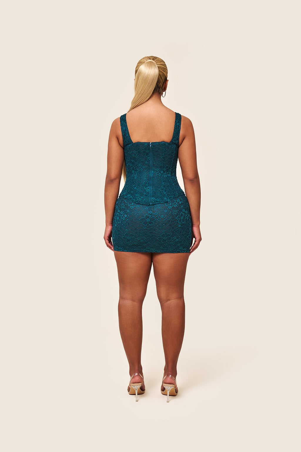 The Cinched Lace Mini Skirt in Teal