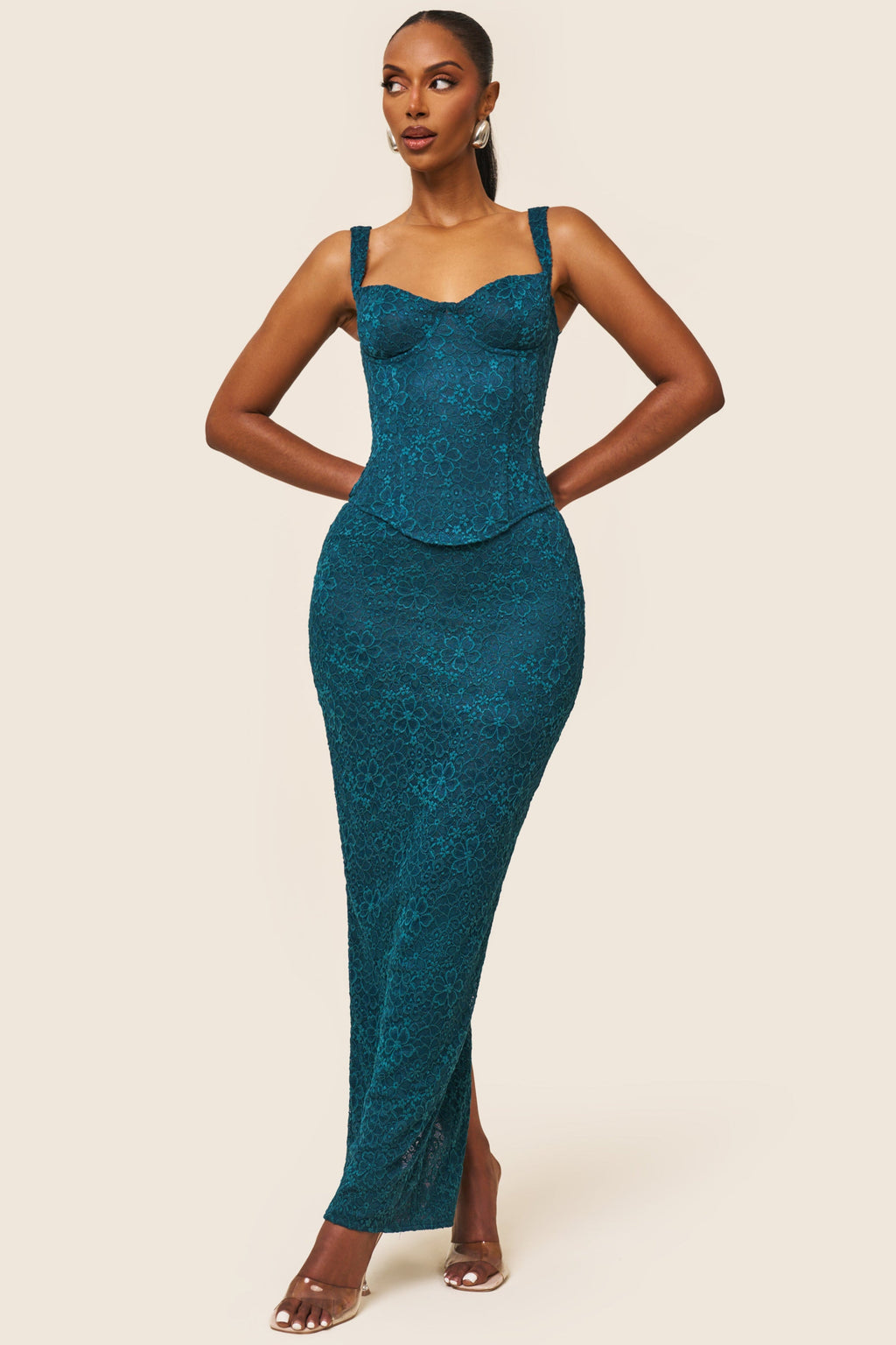 The Cinched Lace Maxi Skirt in Teal