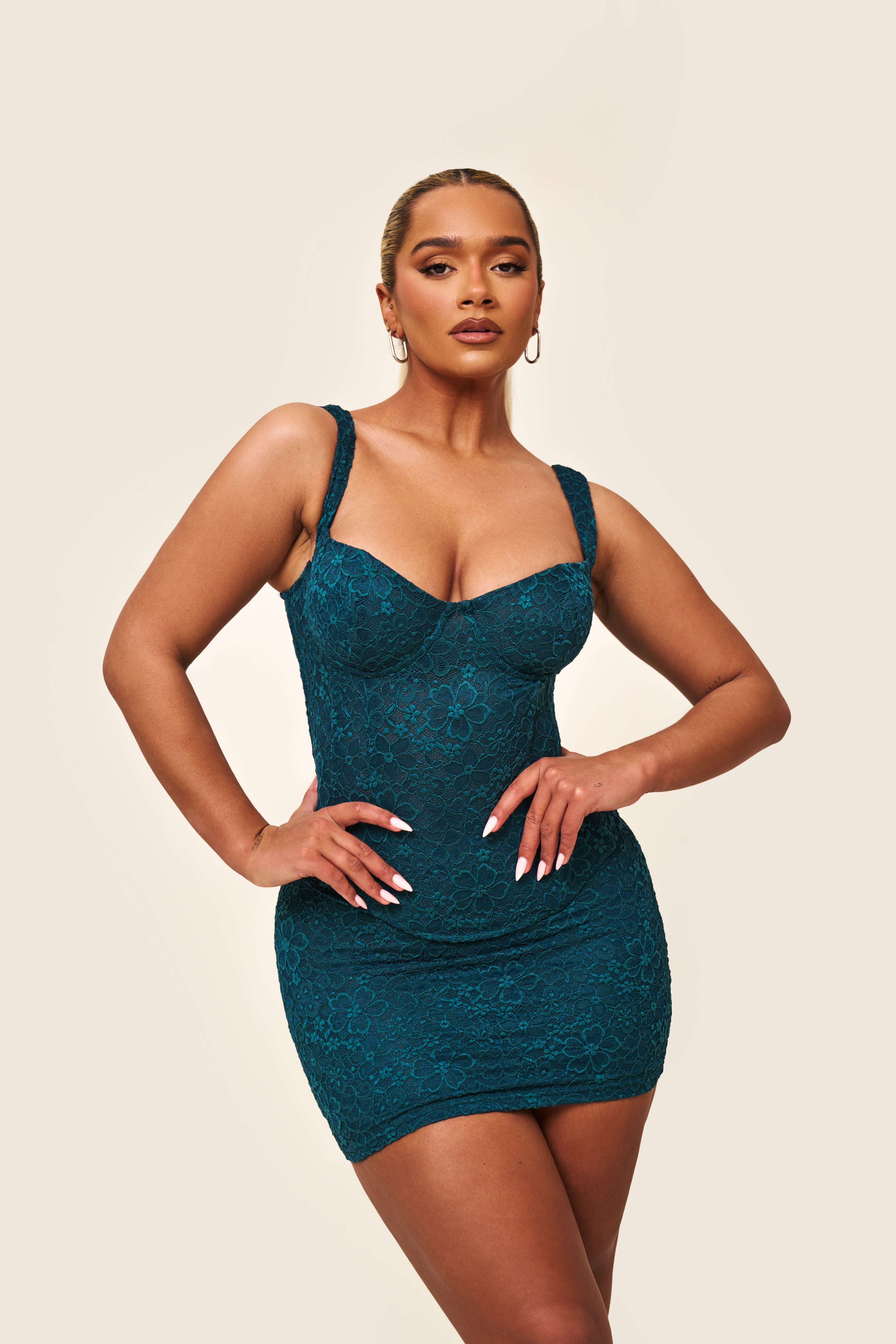 The Cinched Lace Mini Skirt in Teal