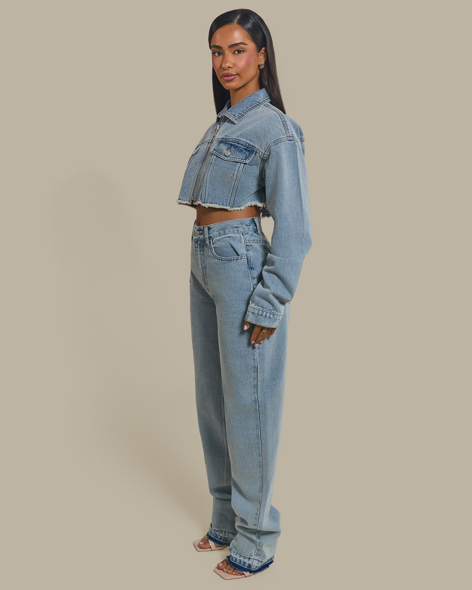 The Kali Cropped Denim Jacket in Light Wash Blue