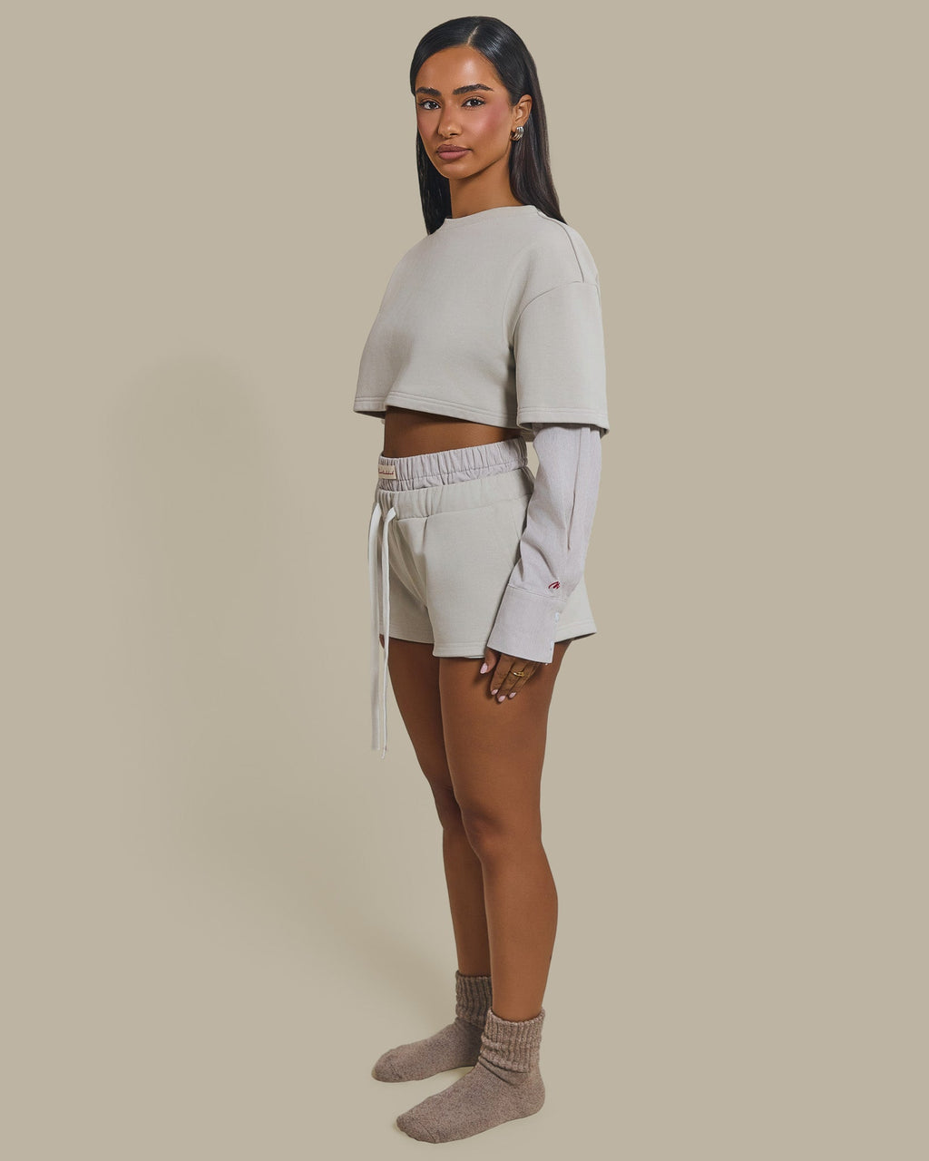 The Cropped Long Sleeve Top in Beige