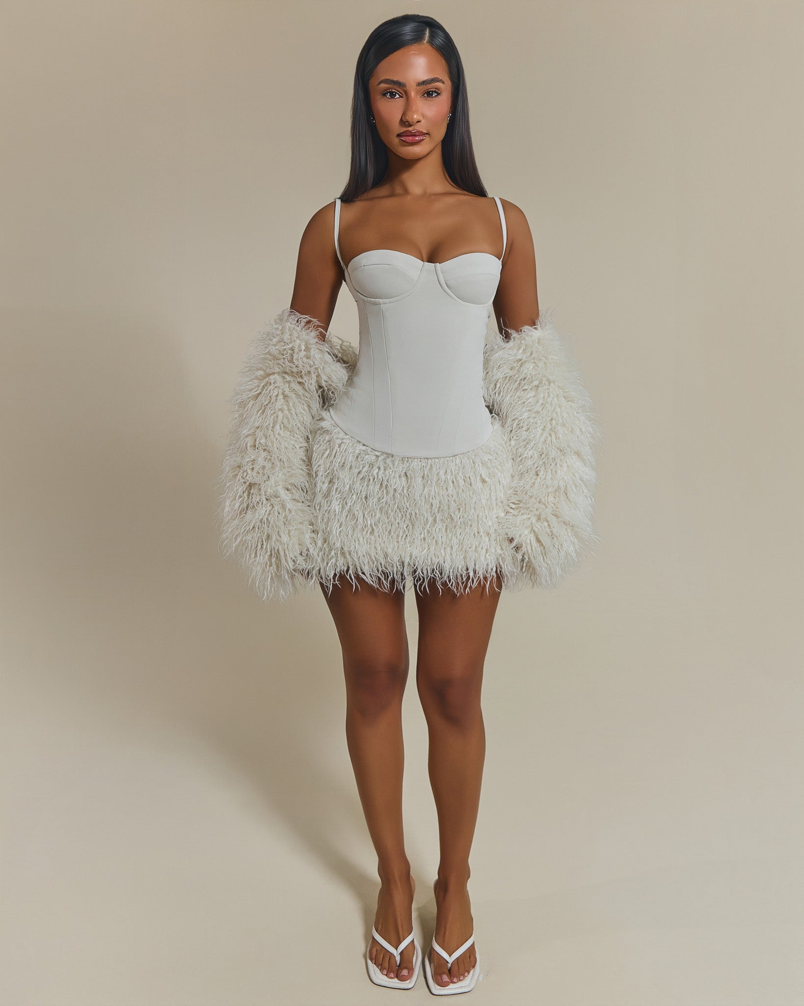 The Sabrine Fur Shrug and Mini Skirt Set in Cream