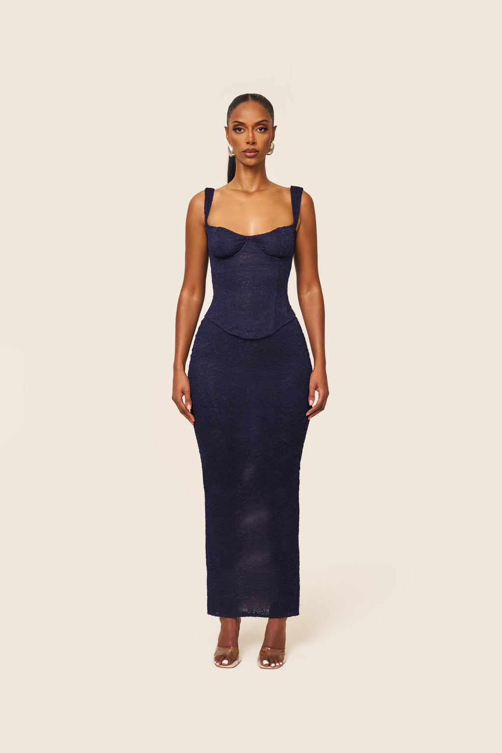 The Cinched Lace Maxi Skirt in Navy