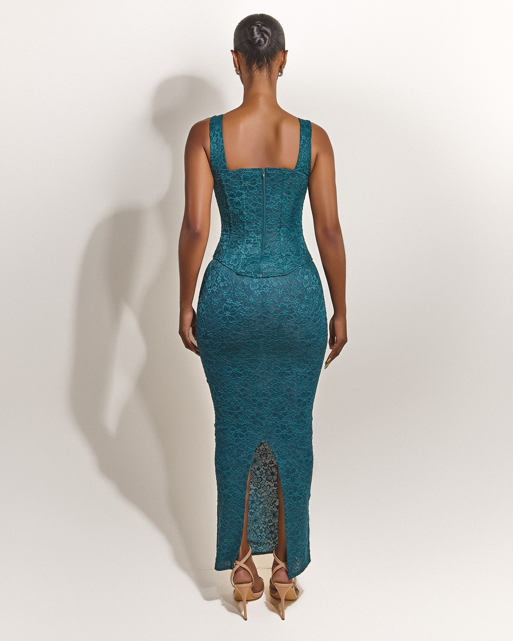 The Cinched Lace Maxi Skirt in Teal