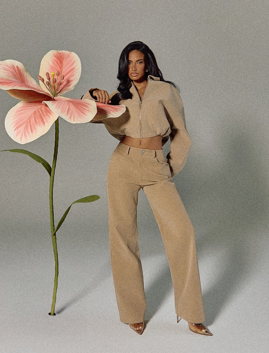 The Isla Faux Suede Cropped Jacket in Beige